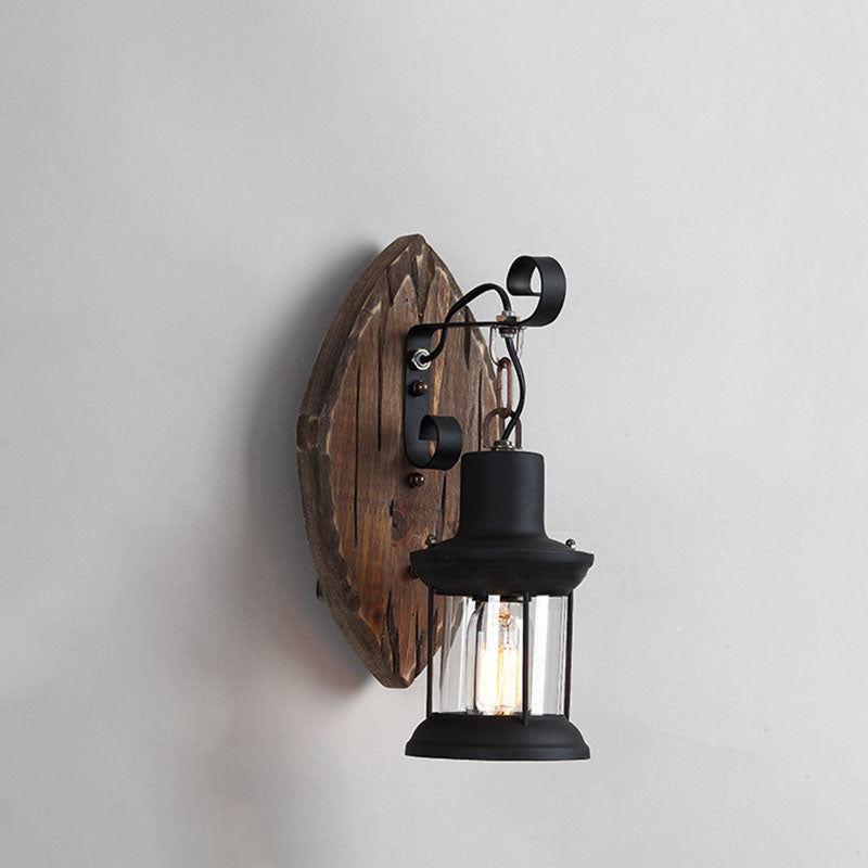 Farmhouse Wood Disc Iron Shade 1-Light Wall Sconce Lamp