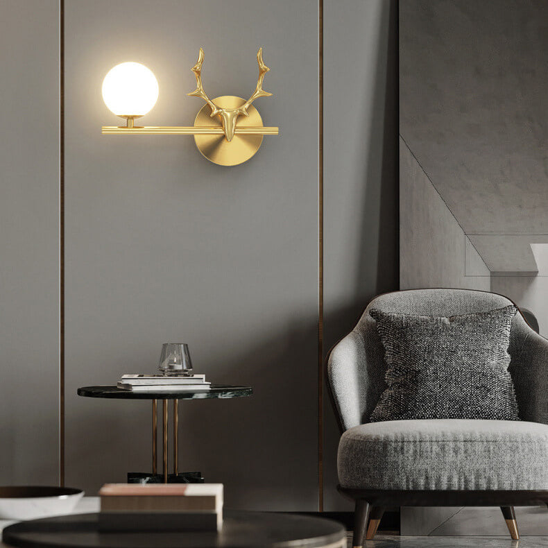 Luxury Antler Full Brass Glass 1-Light Wall Sconce Lamp
