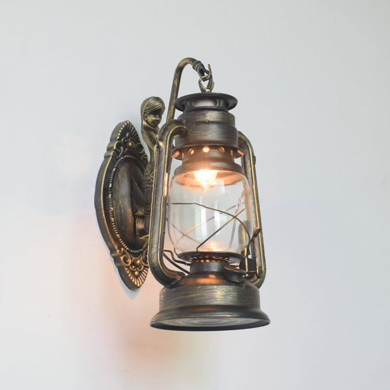 Iron Kerosene Lantern Mermaid 1-Light Wall Sconce Lamp