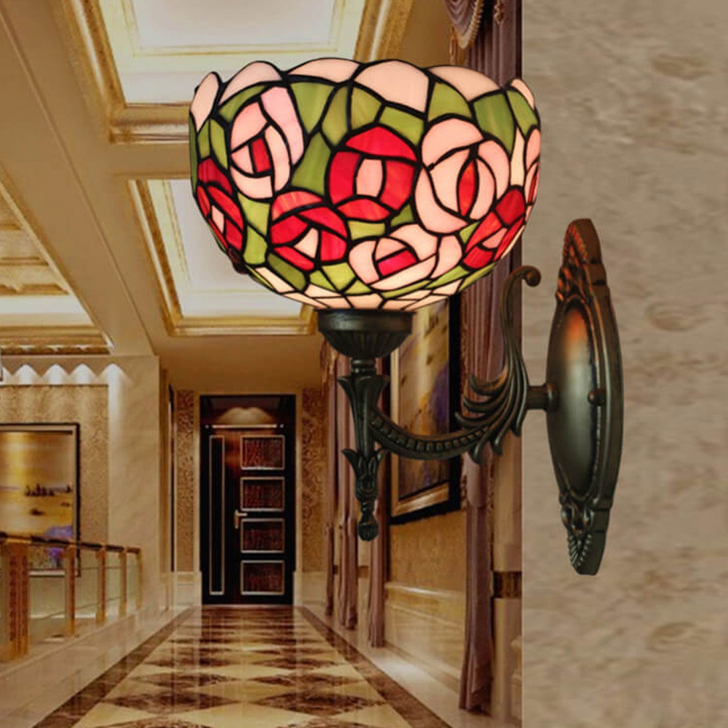 Tiffany Rose Stained Glass Bowl 1-Light Wall Sconce Lamp