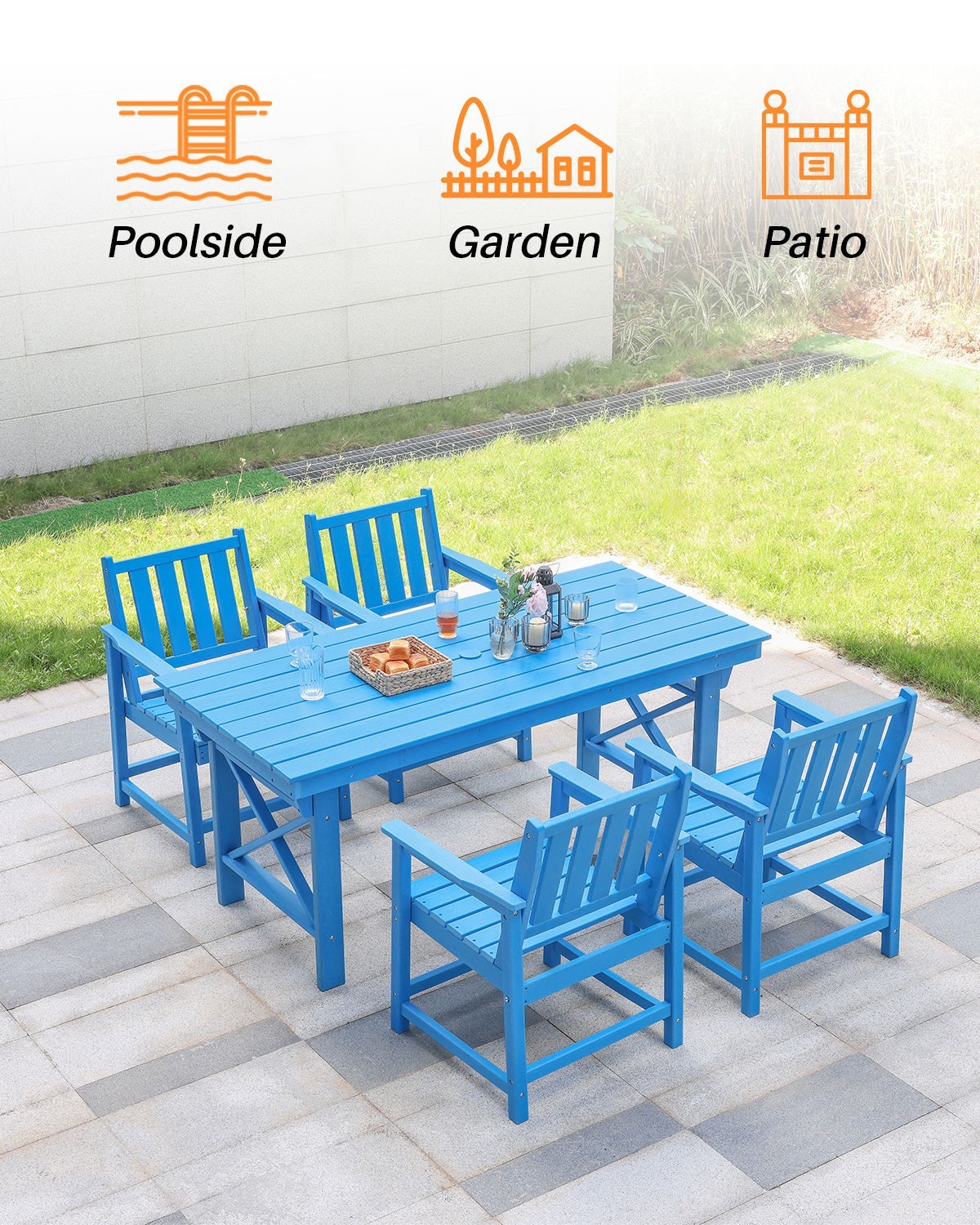 HDPE Outdoor Patio Garden Chair – Blue Weatherproof Dining Seat 22.8″ x 22″ x 34
