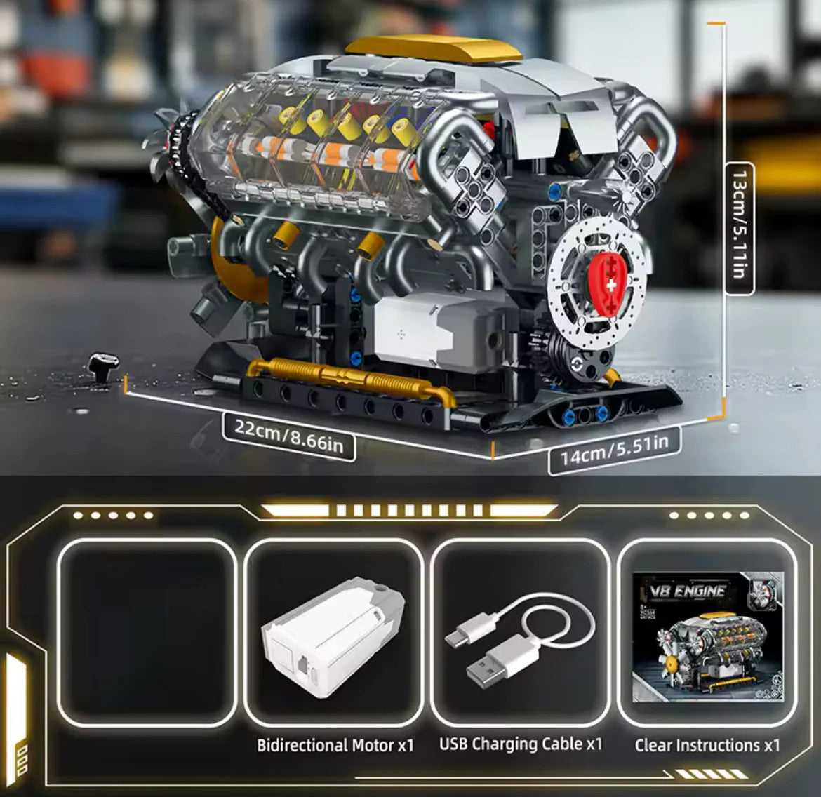 NEW Motorized V8 Engine Building Blocks Set Model Adults MOC Working Motor
