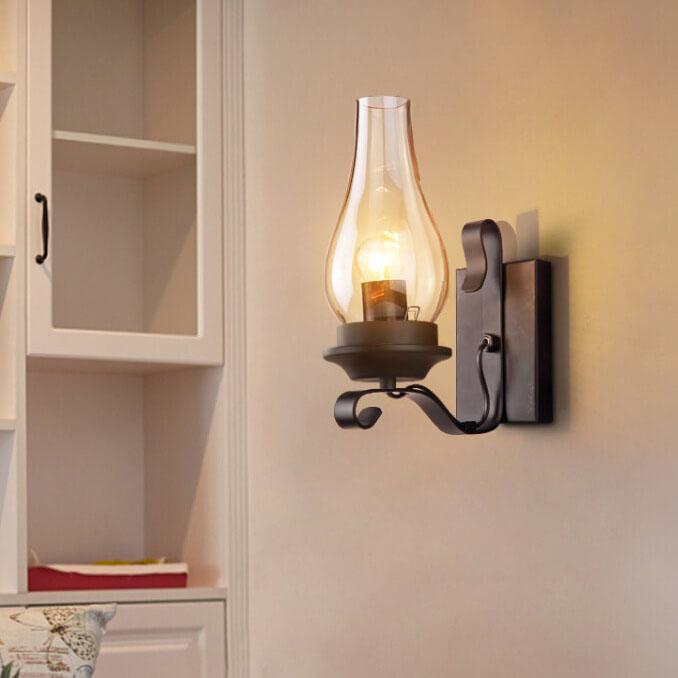 Glass Shade Wrought Iron Kerosene 1-Light Wall Sconce Lamp