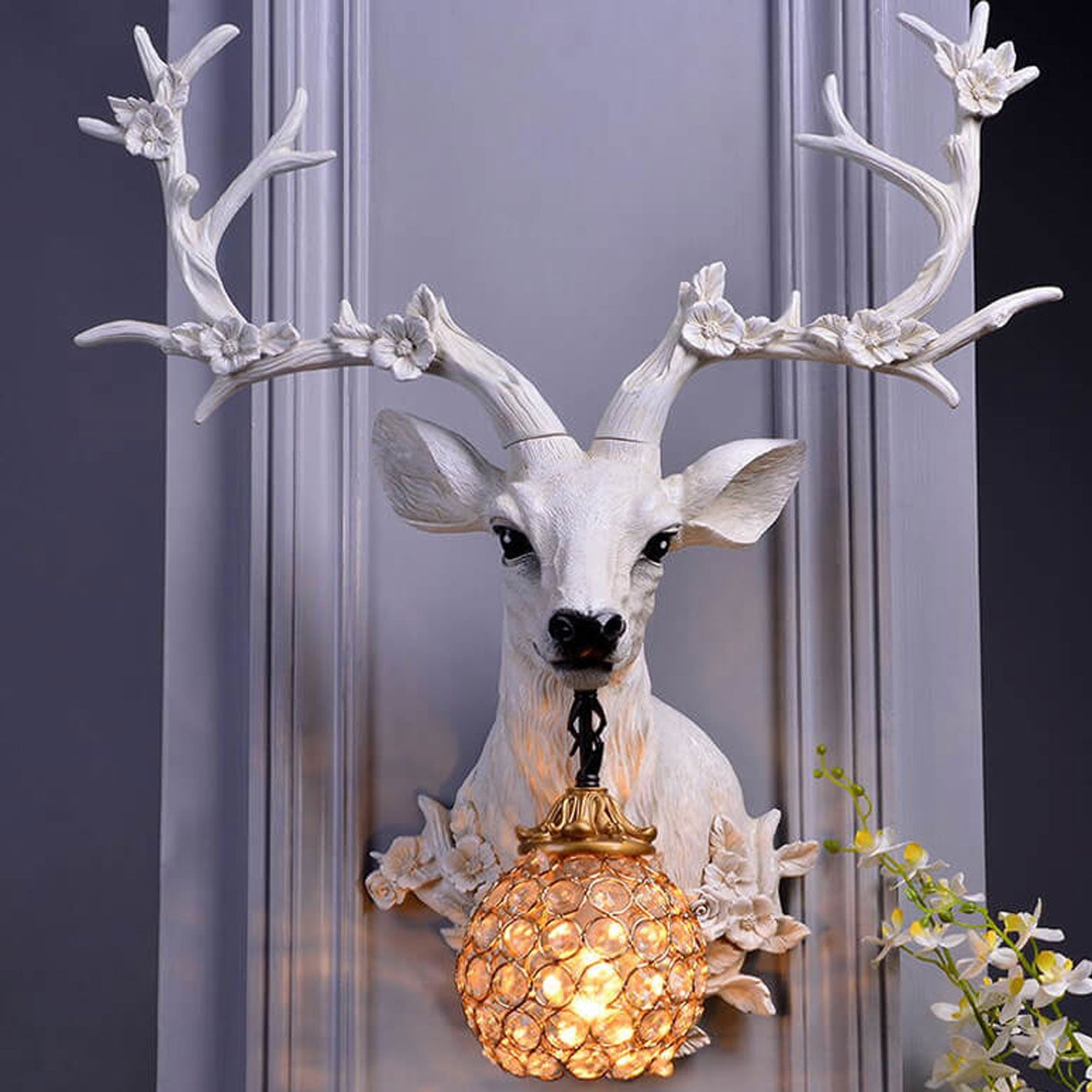 Retro Fortune Deer Head Resin 1-Light Wall Sconce Lamp