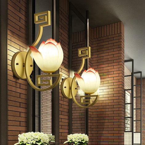 Chinese Lampshade Curved Arm 1-Light Wall Sconce Lamp