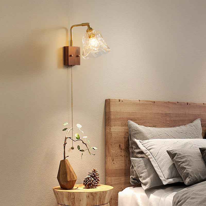 Brass & Walnut Rose-Textured Glass 1-Light Wall Sconce Lamp
