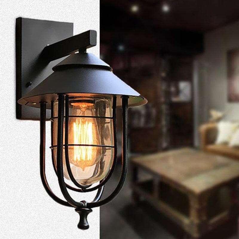 Iron & Glass Caged Cylinder 1-Light Wall Sconce Lamp
