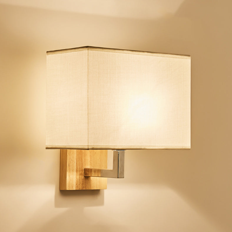 Iron Wood Fabric Rectangular 1-Light Wall Sconce Lamp