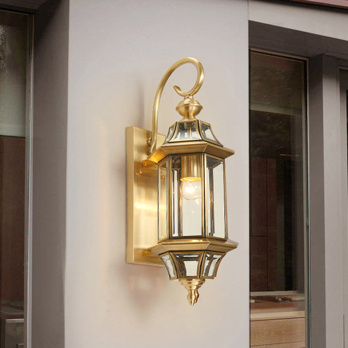 Brass Glass Polygonal 1-Light Waterproof Wall Sconce Lamp