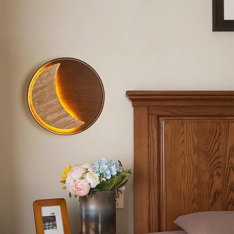 Japanese & Wood Moon-Shaped Round LED Wall Sconce Lamp