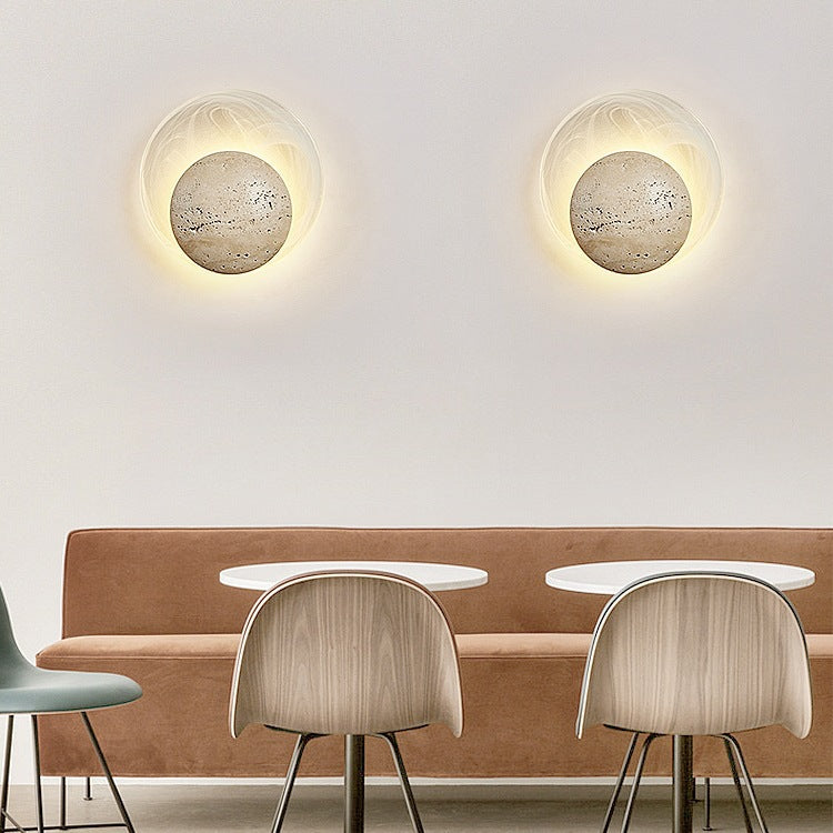 Traditional Japanese Stone Glass Round LED Wall Sconce Lamp