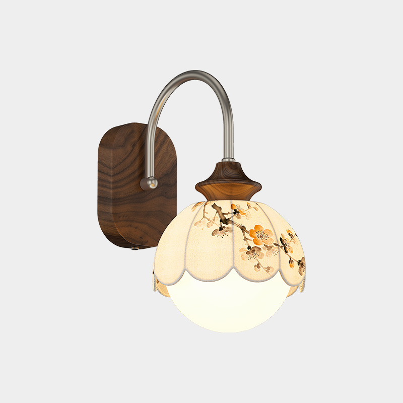 Chinese Print Iron Fabric Round 1-Light Wall Sconce Lamp
