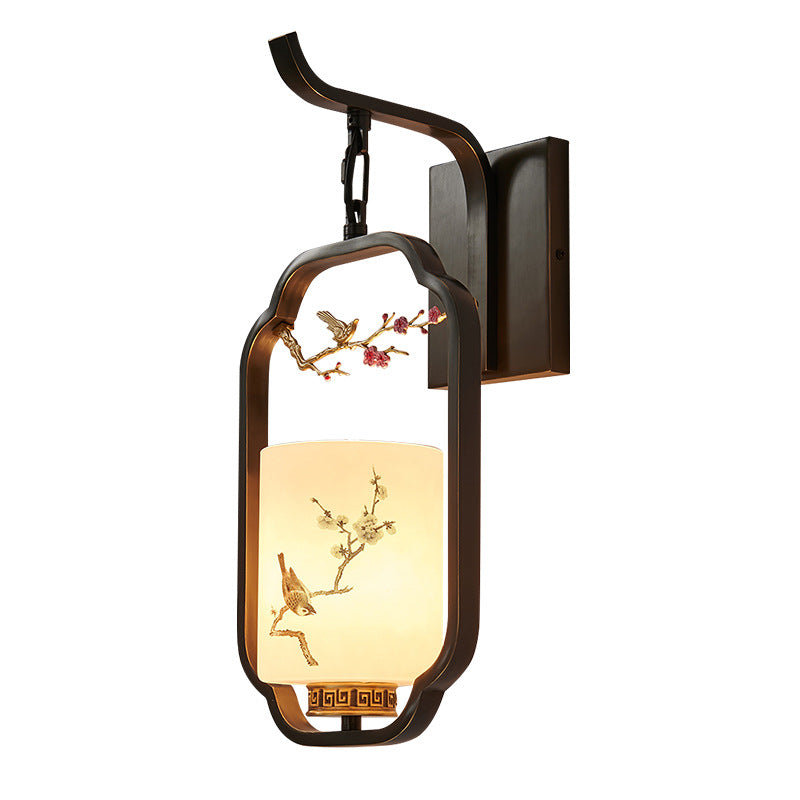 Chinese Bird Pattern Cylindrical 1-Light Wall Sconce Lamp