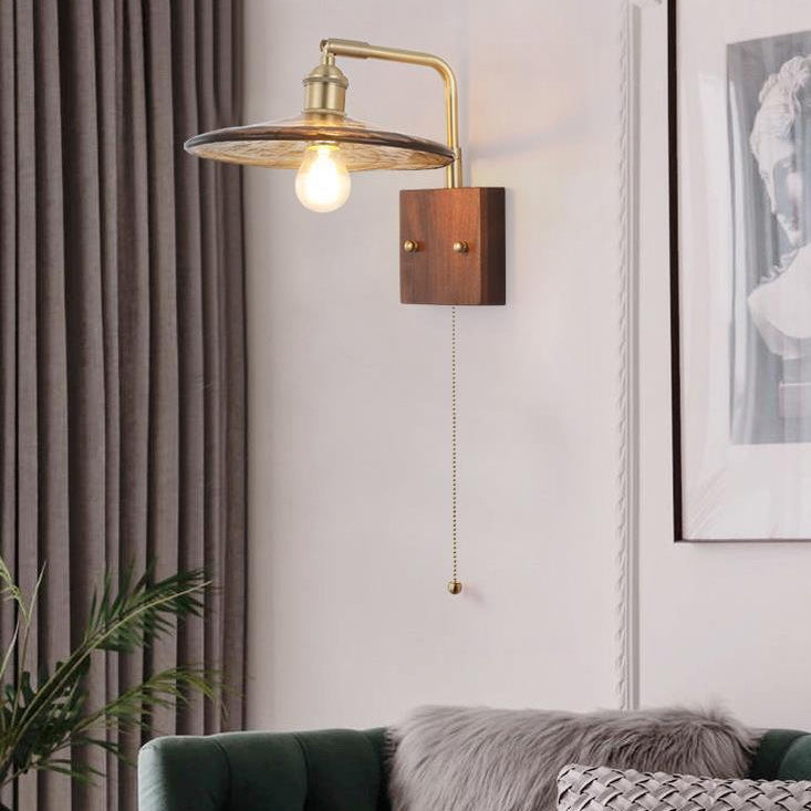 Glass Copper Wood Round Square 1-Light Wall Sconce Lamp