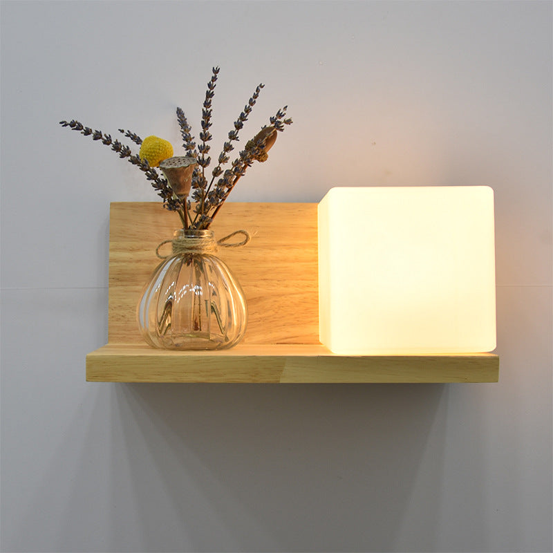 Square Rectangle Glass Shade Wood 1-Light Wall Sconce Lamp