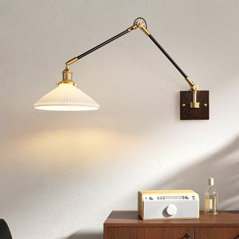 Retractable Iron Wood Glass 1-Light Wall Sconce Lamp