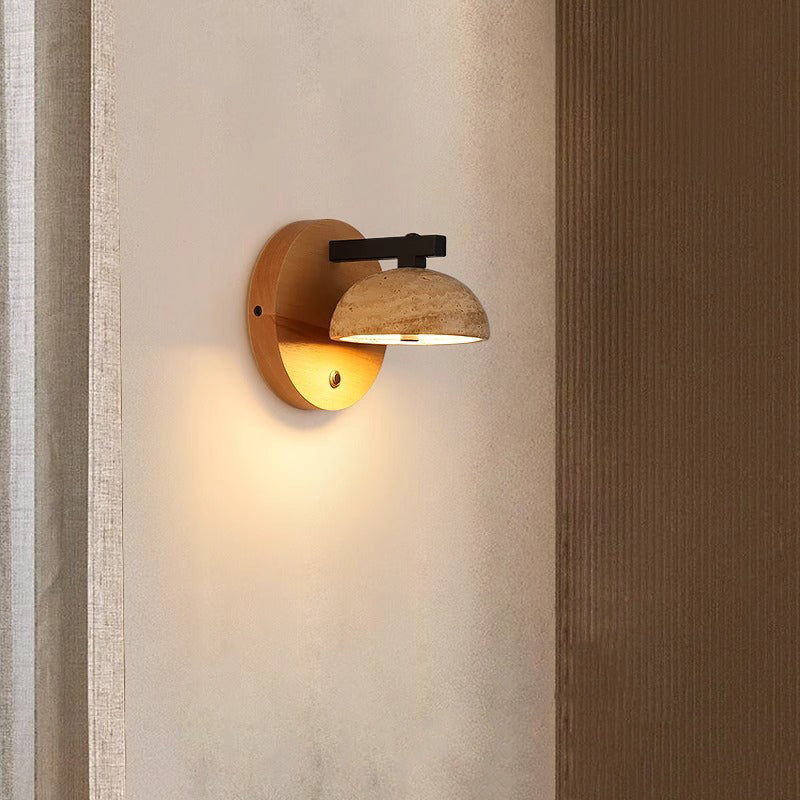 Japanese Travertine Shade Wooden Base LED Wall Sconce Lamp