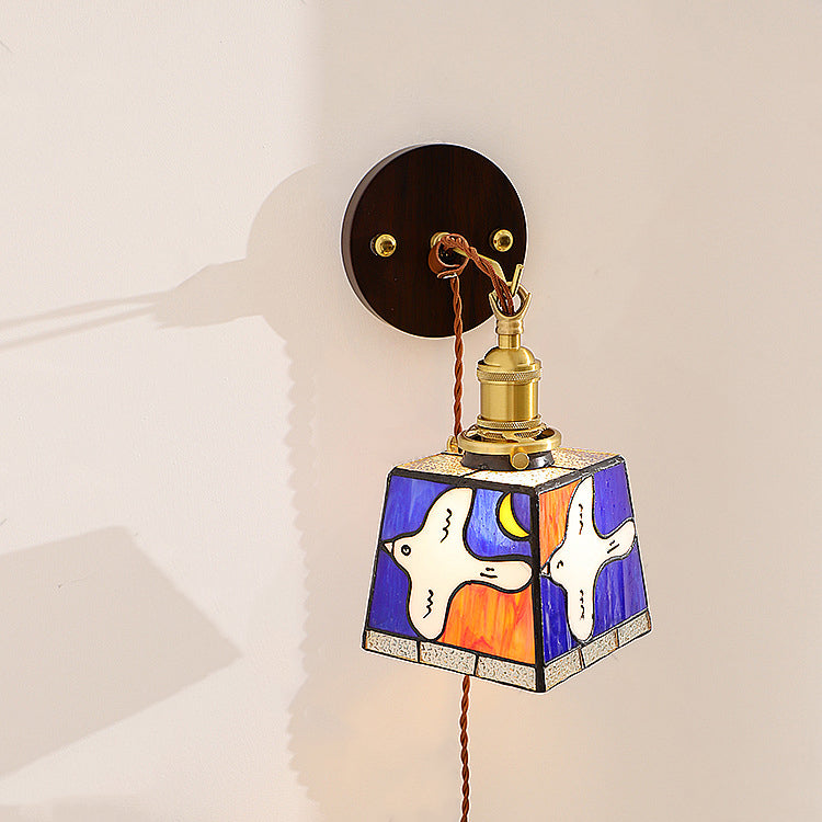 Tiffany Stained Glass Copper Wood 1-Light Wall Sconce Lamp