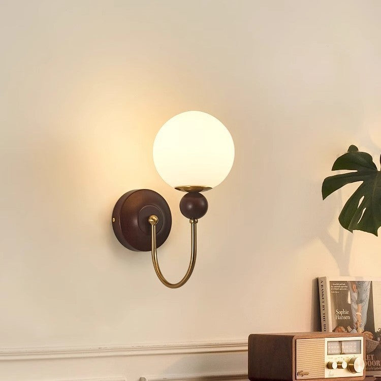 Curved Wood Frame Glass Shade 1-Light Wall Sconce Lamp
