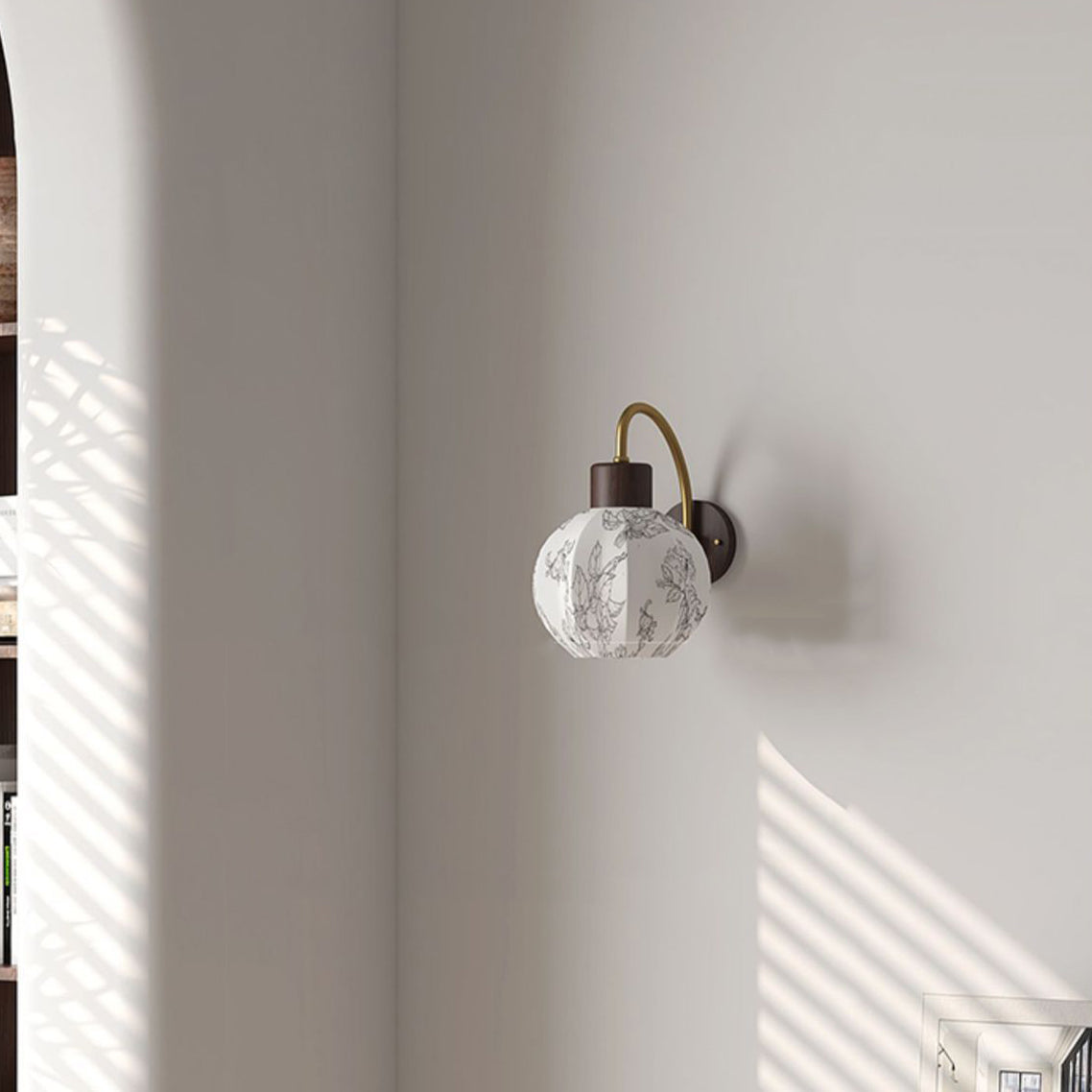 Curved Wood Frame Fabric Shade 1-Light Wall Sconce Lamp