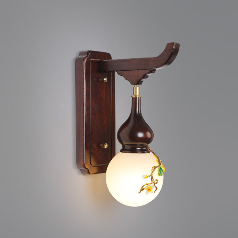 Chinese Brass Enameled Glass Shade 1-Light Wall Sconce Lamp