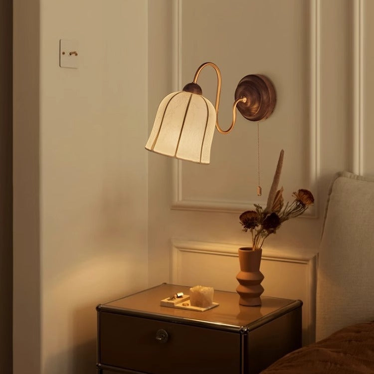 French Wood Iron Fabric Shade 1-Light Wall Sconce Lamp