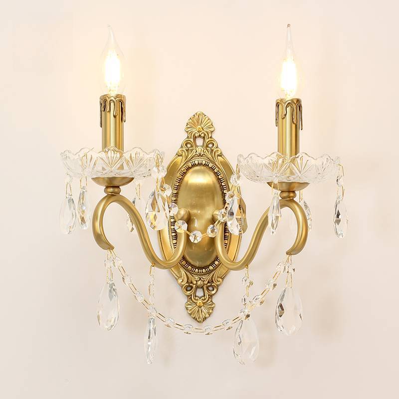 French Carved Full Brass Crystal 2-Light Wall Sconce Lamp