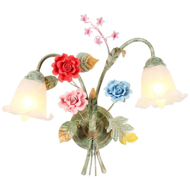 Faux Iron Frame Glass Shade 1/2 Light Wall Sconce Lamp