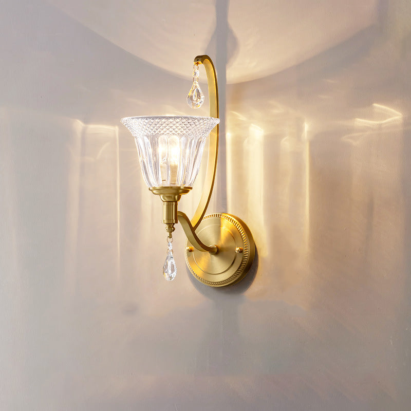 Curved Pole Cup Shape Copper Glass 1-Light Wall Sconce Lamp