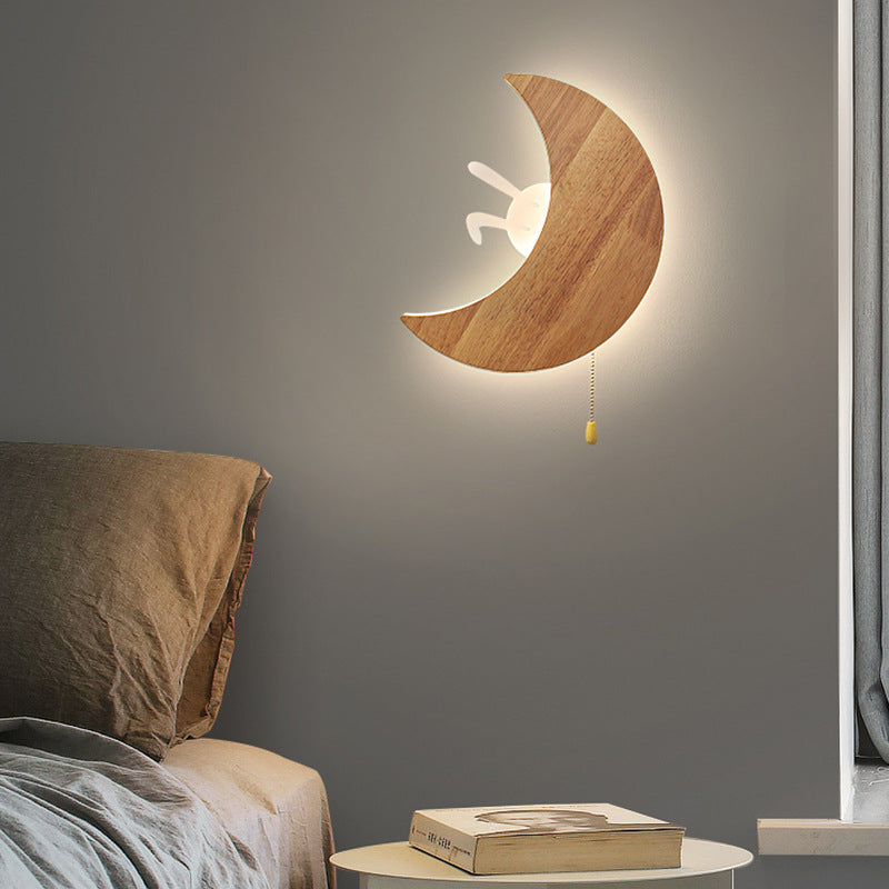 Minimalist Moon Bunny Wood Acrylic LED Wall Sconce Lamp