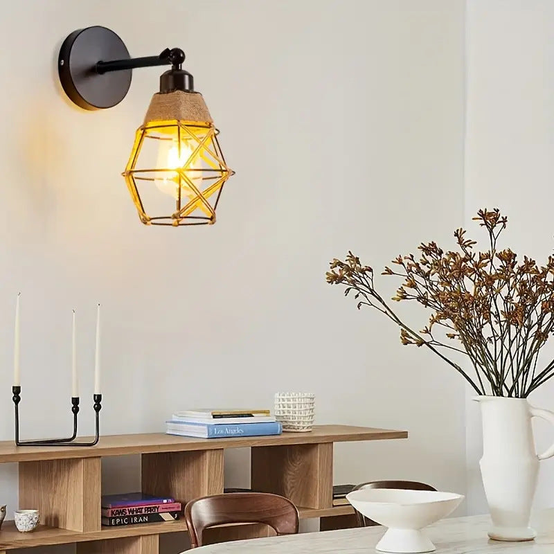 Round Iron Cage Hemp Rope 1-Light Wall Sconce Lamp