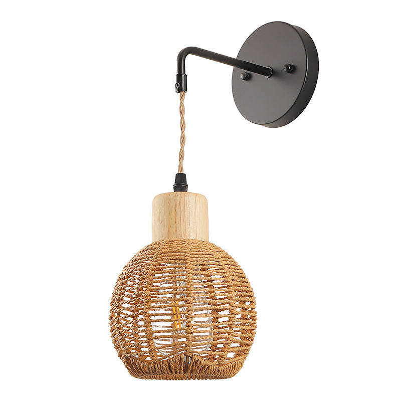 Japanese Oval Iron Wood Rattan 1-Light Wall Sconce Lamp
