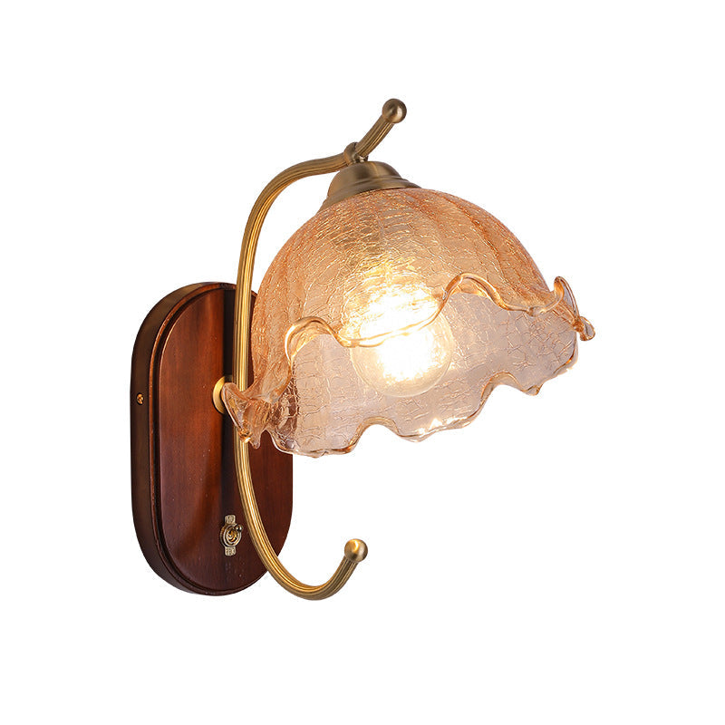 French Dome Wood Copper Glass 1-Light Wall Sconce Lamp