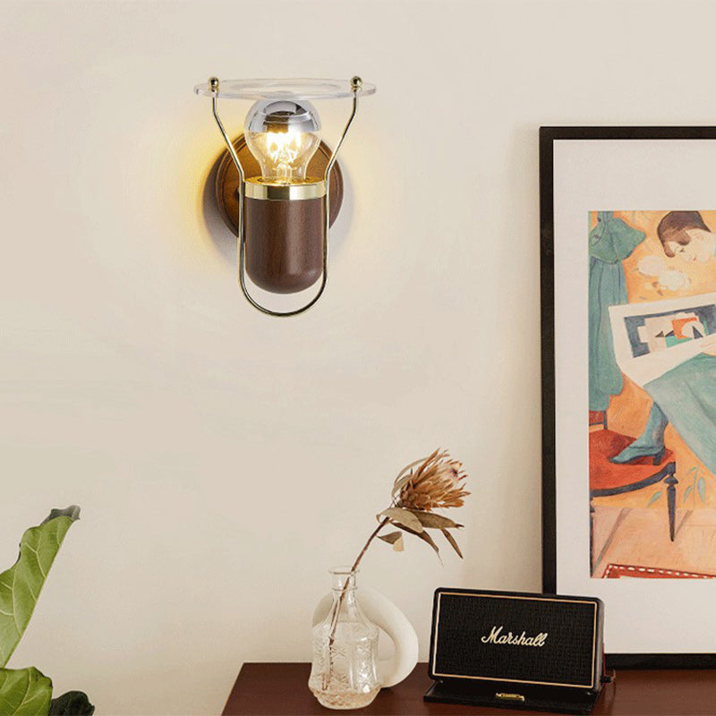 Round Wood Iron Acrylic 1-Light Wall Sconce Lamp