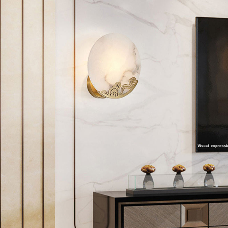 Chinese Round Copper Stone 1-Light Wall Sconce Lamp