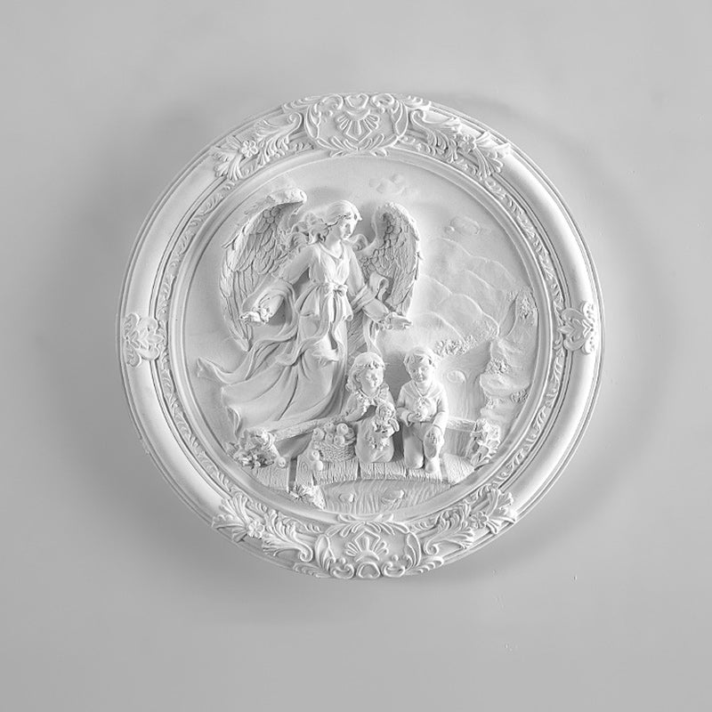 French Round Carved Angel Resin LED Wall Sconce Lamp