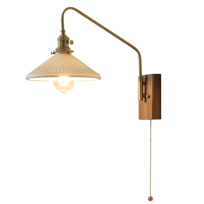Japanese Base Ceramic Shade Wood 1-Light Wall Sconce Lamp