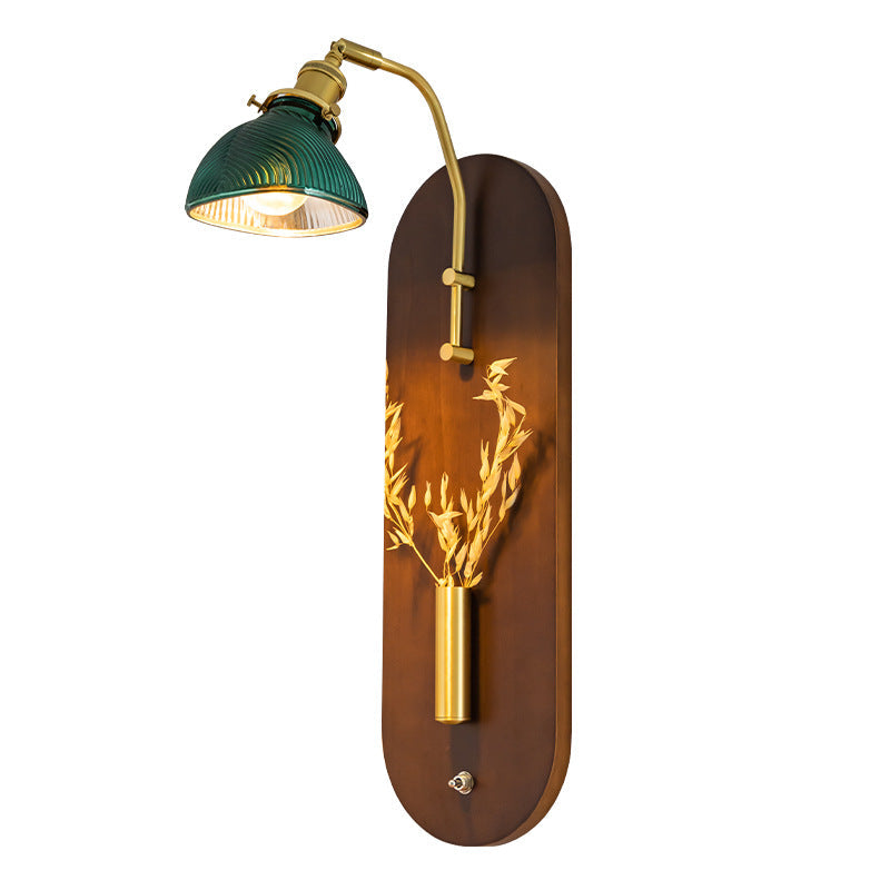 Chinese Wheat Ears Iron Wood Glass 1-Light Wall Sconce Lamp