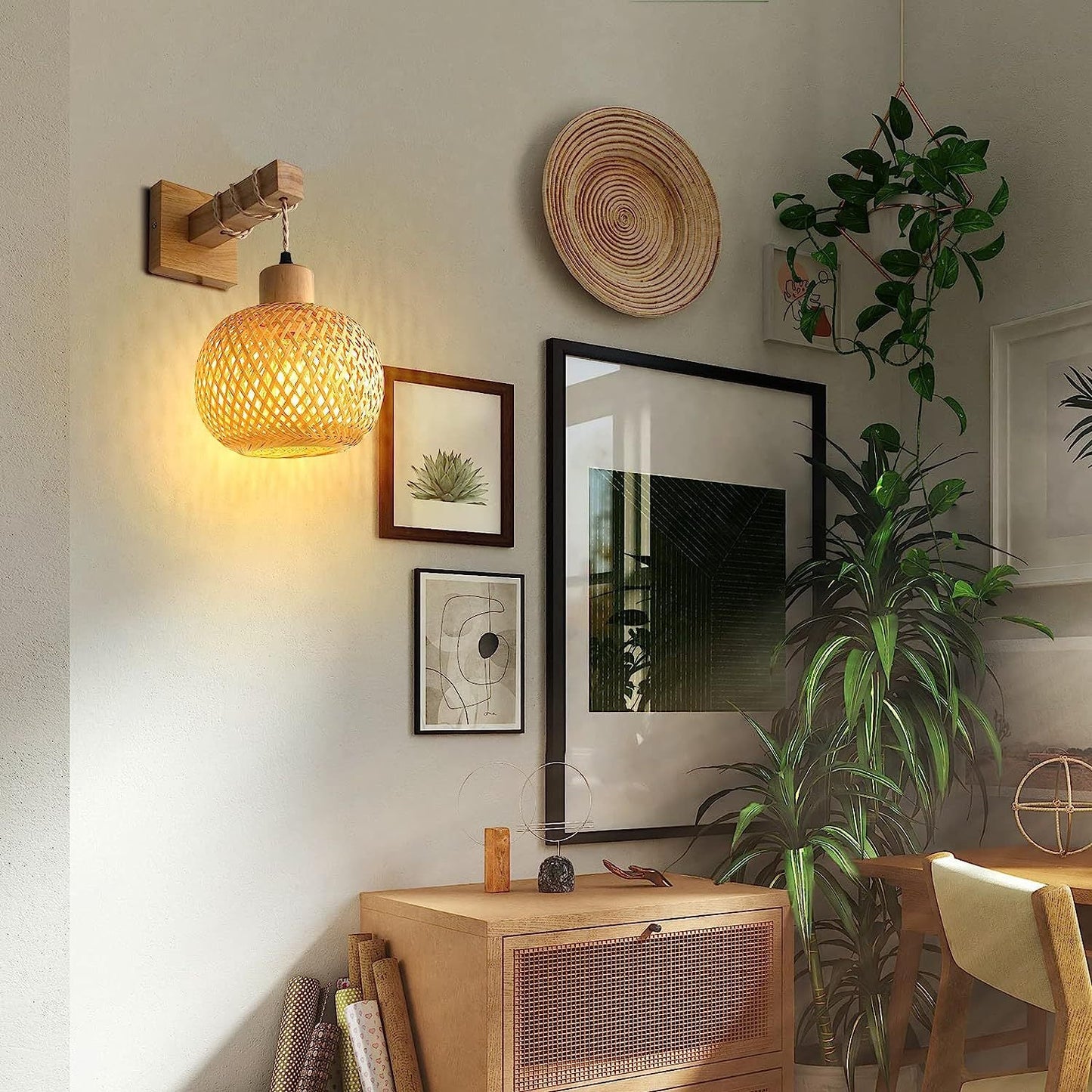 Japanese Square Base Wooden Bamboo 1-Light Wall Sconce Lamp