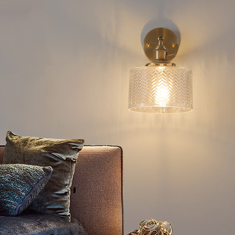 Cylinder Disc Base Brass Glass 1-Light Wall Sconce Lamp