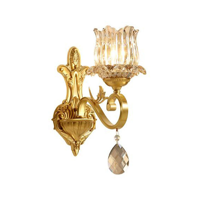 Gold-Finished Floral Glass Shade 1-Light Wall Sconce Lamp