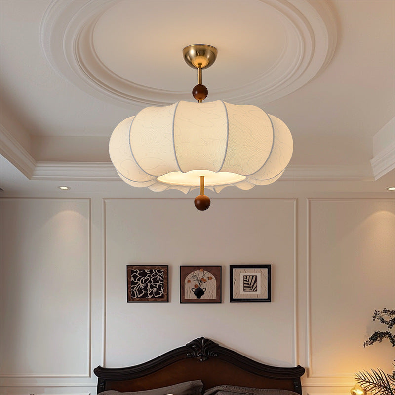 French Solid Wood Fabric Round 4-Light Semi-Flush