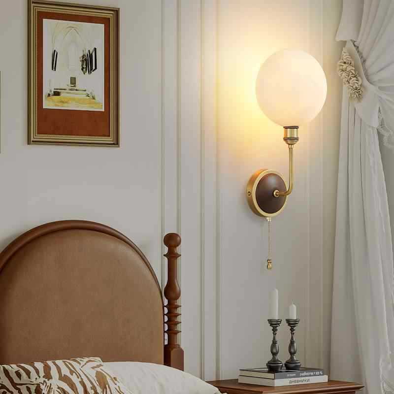 Brass Ash Wood Ceramic Round Shade 1-Light Wall Sconce Lamp