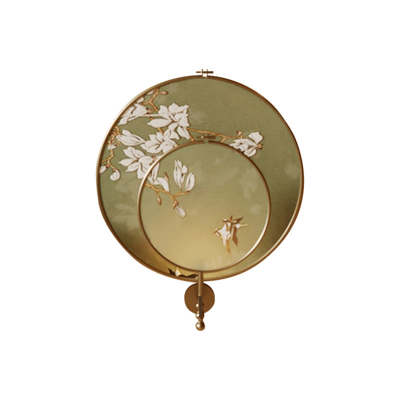 Chinese Pattern Fabric Round Fan 1-Light Wall Sconce Lamp
