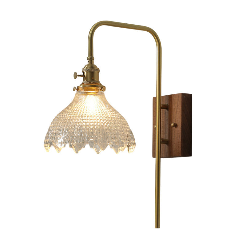 Walnut Brass Flower Glass Shade 1-Light Wall Sconce Lamp