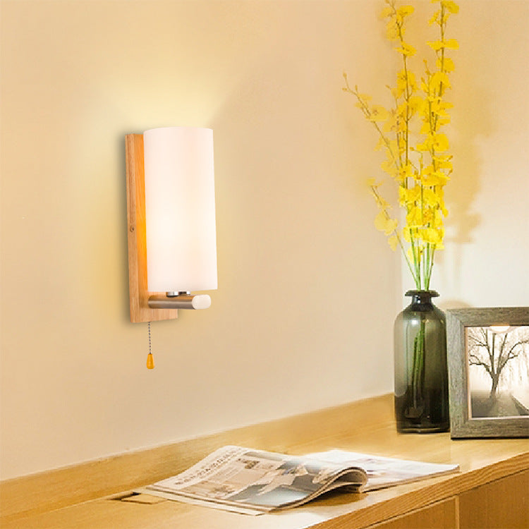 Rectangular Cylinder Wood Glass 1-Light Wall Sconce Lamp