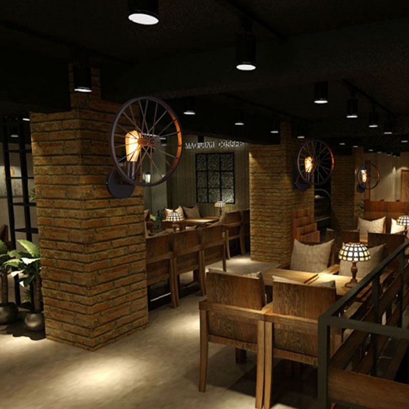 Industrial Wheel Round Iron 1-Light Wall Sconce Lamp