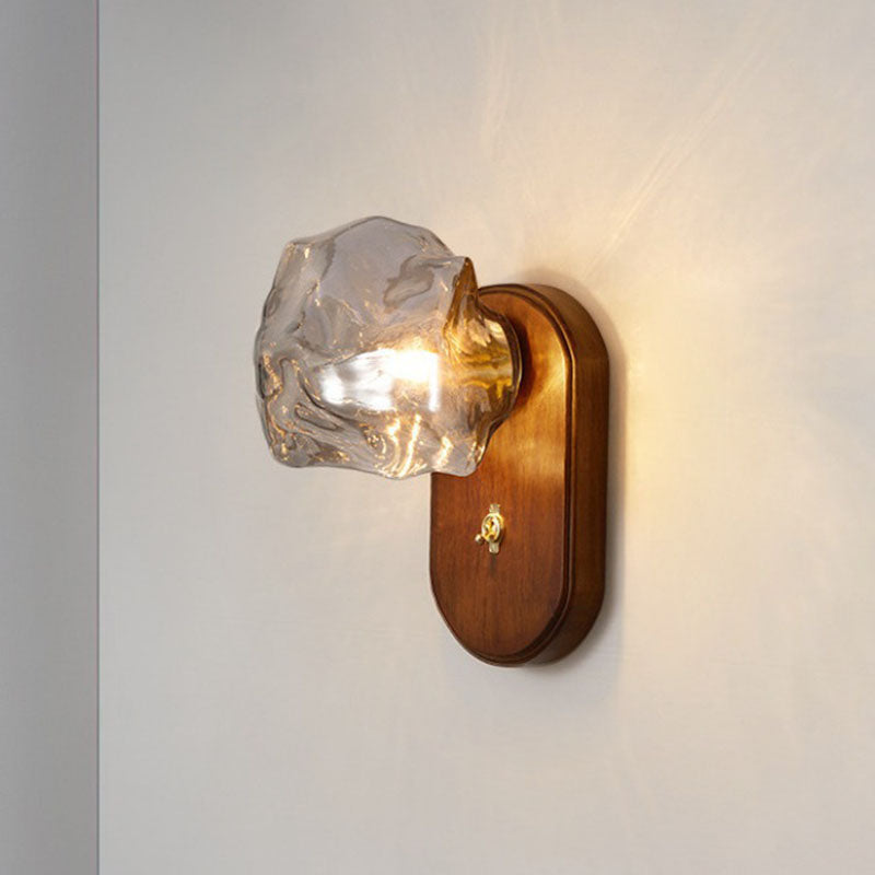 Japanese Ice Cube Oval Wood Glass 1-Light Wall Sconce Lamp