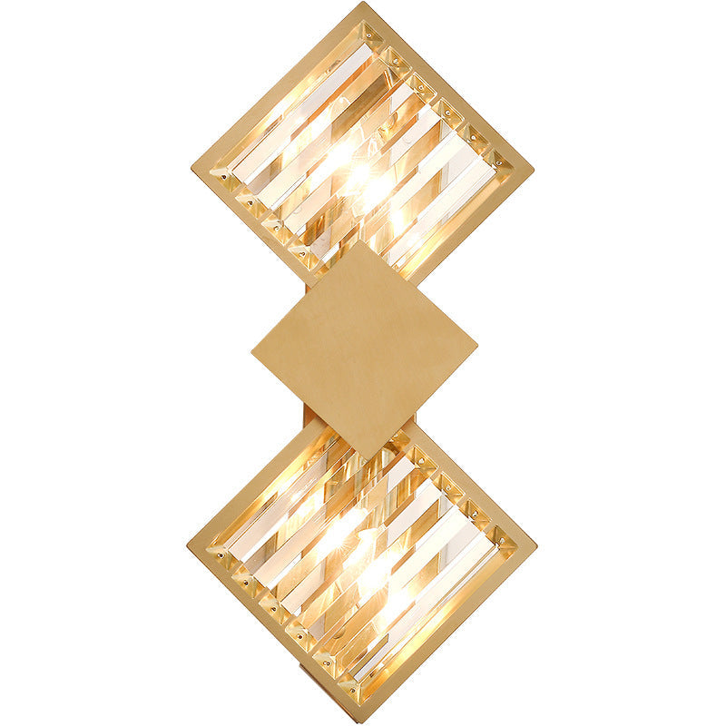 Deco Square Frame Metal Crystal 2-Light Wall Sconce Lamp