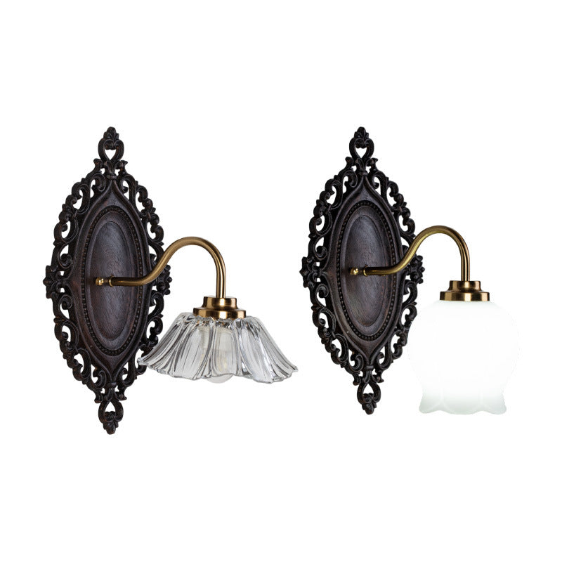 Flower Solid Wood Glass 1-Light Wall Sconce Lamp